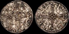 Medieval DANELAW ERA. VIKING DENMARK. Sven Estridsen. 1047-1074. AR penning. .9 gm. 17 mm. Lund mint. Angel standing right, handing a banner to the king standing left / Voided long cross with triple c