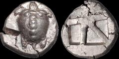 Greek ISLANDS OFF ATTICA. Aegina. Circa 480-457 B.C. AR stater. 12.32 gm. 21 mm. Sea turtle, viewed from above, with 'T-back' design with trefoil collar (five large pellets down the back of its shell 
