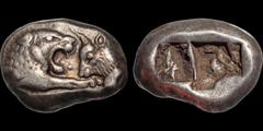 Greek KINGS OF LYDIA. Kroisos. Circa 560-546 B.C. AR siglos (half stater). 5.34 gm. 16 mm. Lifetime issue. Sardes mint. Struck circa 550-546 B.C. Foreparts of bull and lion facing / Two incuse punches