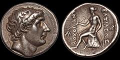 Greek SELEUKID EMPIRE. Antiochos I Soter. 281-261 B.C. AR tetradrachm. 16.79 gm. 28 mm. Seleukeia on the Tigris mint. Diademed head of Antiochos I right / Apollo Delphios seated left on omphalos, hold