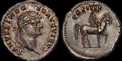 Roman Imperial Domitian. As Caesar, A.D. 69-81. AR denarius. 3.39 gm. 19 mm. Rome mint. Struck under Vespasian, A.D. 76-77. His laureate head right; CAESAR AVG F DOMITIANVS / Pegasus walking right, ra
