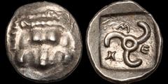 Greek DYNASTS OF LYCIA. Mithrapata. Circa 390-370 B.C. AR diobol. 1.25 gm. 12 mm. Facing lion's scalp / Triskeles, Lykian script around; all within incuse square. Müseler VII 91-92. SNG Copenhagen Sup