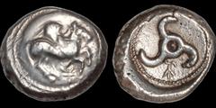Greek DYNASTS OF LYCIA. Khinakha. Circa 460-440 B.C. AR stater. 9.83 gm. 20 mm. Uncertain mint in eastern Lycia (possibly Limyra). Pegasos flying right on round shield; TY monogram below / Triskeles w