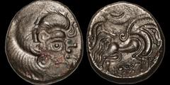 Celtic Britain CELTIC BRITAIN/GAUL. Gallo-Belgic Issues. Armorican. Channel Islands. Circa 75-50 B.C. Billon stater. 6.28 gm. 20 mm. Stylized head right, anchor-shaped nose / Celticized horse right, b