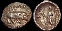 Celtic Britain CELTIC BRITAIN. Atrebates and Regni. Verica. Circa A.D. 10-20. AR unit. 1.17 gm. 14 x 11. A bull butting right; VERICA REX / A figure standing, head left, a branch in his right hand, a 
