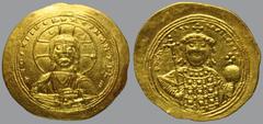 The TV collection of Byzantine gold coins Histamenon Nomisma, 4,41 g Au, 25 mm, + IhS XIS REX REGNANTIUm, bust of Christ, nimbate, facing, raising hand in benediction and holding Gospels/ + CωnS-τ-Aτn