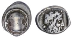 The Robert P Ball Cabinet of Ancient Coins | Boeotia, Thebes, AR Stater, c. 425-395 BC, Boeotian shield, with spiked club resting on upper half, rev. bearded head of Dionysos right, wearing ivy wreath