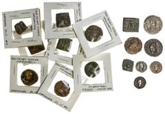 Ancient Coinage-Ancient East Baktria. Indo-Greek Kingdom. Lot. Menander (155-130 BC). AR Drachm. Helmeted head/Athena Alkidemos; AE Square Unit. 2.66 gms. Elephant head/Club, other AE Square Units (2,