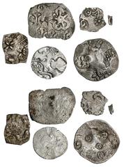 South Asia-India Ancient India. Group of Punchmarked coinage, ca. 500-320 BC. AR Vimshatika of Kosala - 6-spoke wheel in multilobe other punches, and Kashi; Karshapana (3) of Magadha or other - Elepha