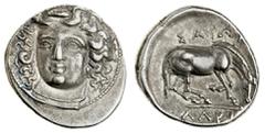 Ancient Coins - Greek Coinage Thessaly. Larissa. AR Drachm, ca. 356-342 BC. 6.04 gms. Head of the nymph Larissa, wearing ampyx, slightly left, rev. Horse standing right preparing to lie down, ethnic b