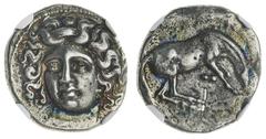 Ancient Coins - Greek Coinage Thessaly. Larissa. AR Drachm, ca. 356-342 BC. 5.61 gms. Head of the nymph Larissa, wearing ampyx, slightly left, rev. Horse standing right preparing to lie down. Lorber H