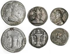 Ancient Coins - Other Parthian and Sasanian trio. Orodes II, 57-38 BC. Drachm. Mithradatkart. 3.84 gms. Bust left, star before, crescent behind / Archer seated right, monogram below bow. Sellwood 47.9