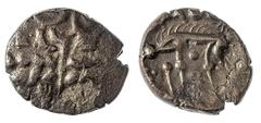 The Baxter Collection of the Coins of Britain Celtic Britain. Iceni. Uninscribed, 65-1 BC. Base AV Stater. 4.90 gm, 17x20mm. Norfolk Wolf (Icenian A) type. Devolved Apollo head right. Laurel leaves do