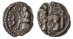 The Baxter Collection of the Coins of Britain Celtic Britain. Cantii. Dubnovellaunus (ca. 30-10 BC). AR Unit. 0.92 gm, 13mm. Metalworker type (Cantian L). Bull standing left, fan-shape above, pellet i