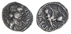 The Baxter Collection of the Coins of Britain Celtic Britain. Trinovantes and Catuvellauni. Cunobelin (ca. AD 10-43). AR Unit. 1.21 gm. Cunobelinus Sphinx (Trinovantian W) type. Winged and draped bust