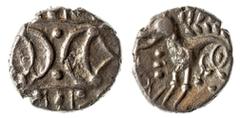 The Baxter Collection of the Coins of Britain Celtic Britain. Iceni. Ecen (ca. 25-38 AD). AR Unit. 1.20 gm, 12mm. Ecen Corn Ear (Icenian H) type. Two outline crescents back-to-back, two pellets betwee