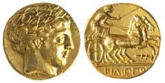 Kings of Macedon. Philip II-Alexander III. AV Stater, ca. 340/36-328 BC. Amphipolis. 8.09 gm. In the name and types of Philip II. Laurel-wreathed head of Apollo right, rev. Charioteer, holding kentron