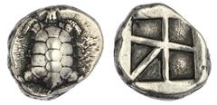 Islands off Attica. Aegina. AR Stater, ca. 456/45-431 BC. 12.35 gms. Land tortoise with segmented shell, rev. Large incuse square with skew pattern. Meadows Aegina 437, Millbank 12, Dewing 1683. Nice 