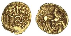 Celtic Britain. Atrebates. AV Quarter Stater, ca. 75-30 BC. Selsey Dahlia type. 1.38 gms. Celticized Apollo head right, meticulously detailed and compartmented, three annulets, each with a large pelle