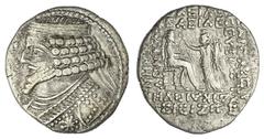 Parthian Hegemony. Phraates IV (ca. 38-2 BC). Billon Tetradrachm, dated Peritios (?) SE 287 (January 25 BC). 12.86 gms. Diademed, draped bust left, royal wart on forehead, rev. Phraates enthroned righ