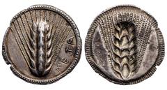 Magna Graecia Lucania. Metapontion. AR Stater, ca. 540-510 BC. 7.98 gms. META upwards at right, Ear of barley, rev. Incuse barley ear. Noe Class VI, 116, HN Italy 1478, SNG ANS 209. Good Very Fine. Es