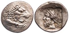 Asia and Africa Dynasts of Lycia. Mithrapata (ca. 390-370 BC). AR Stater. 9.74 gms. Forepart of lion right, rev. Lycian legend around: MITHRAP-A-T-A, head of Mithrapata left, triskeles behind, all wit