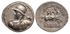 Indo-Greek Coinage Indo-Greek Kingdom of Baktria. Eukratides I Megas (ca. 170-145 BC). AR Tetradrachm. 16.95 gms. Diademed and helmeted bust left in heroic pose seen from behind, wearing bulls ear an