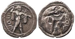 Magna Graecia Lucania. Poseidonia. AR Half Stater  Drachm, ca. 530-500 BC. 3.58 gms. ПOΣ (facing downward), Poseidon walking right, brandishing trident, chlamys draped over both arms, rev. Poseidon i