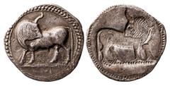Magna Graecia Lucania. Sybaris. AR Stater, ca. 550-510 BC. 6.87 gms. Bull standing left, head reverted, atop lined and dotted exergual line, VM in ex, beaded border around, rev. The same incuse, no MV