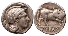 Magna Graecia Lucania. Sybaris. AR Triobol, ca. 446-440 BC. 2.50 gms. Head of Athena right, wearing helmet adorned with laurel wreath, rev. ΣYBAPI in ex., Bull standing right, head reverted ¾ left. SN