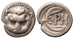 Magna Graecia Bruttium. Rhegion. AR Hemidrachm, ca. 415-387 BC. 1.99 gms. Facing lions scalp, rev. PH within olive-sprig. HN Italy 2498. Slightly irregular edge. Slightly grainy. Very fine. Estimate:
