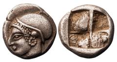 Asia and Africa Ionia. Phokaia. AR Diobol, ca. 490-476 BC. 1.29 gms. Female head left wearing helmet of close-fitting cap, and pearl-hoop earring, rev. Quadripartite incuse square. Rosen 596, SNG von 