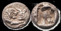 Asia and Africa Kings of Lydia. Kroisos (ca. 564/553-550/539 BC). AR 1/12 Stater. Sardes mint. 0.86 gms. Confronted foreparts of a roaring lion right with a tongue of two beads and bull left, rev. Inc