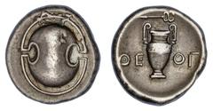 Ancient Coins Boeotia. Thebes. AR Stater, ca. 395-338 BC. 12.08 gms. Boeotian shield, rev. Amphora, ?EO? across, caduceus above. SNG Copenhagen 338. Toned. Well-centered. Good Very Fine. ($350-450)