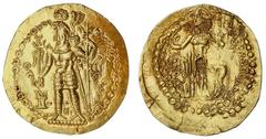 Ancient Coins Kushano-Sassanian. Hormizd (ca. 270-300). AV Dinara. Balkh mint. Late series. 6.67 gms. Hormizd standing left, wearing lion's head crown with ribbons surmounted by "artichoke", flames at