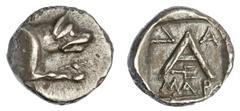 Ancient Coins Argolis. Argos. AR Tetrobol, after 343 BC. 2.24 gms. Forepart of wolf right, rev. Large A, trident right below, ? upper left, A right, MAP below. Toned. Good Very Fine. ($90-120)