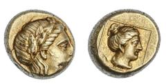 Ancient Coins Lesbos. Mytilene. Electrum Hekte, 377-328 BC. 2.55 gms. Laureate Apollo head right, rev. Female head within linear square. Bodenstedt Em 95. Obverse somewhat off center. Near Extremely F