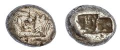 Ancient Coins Kings of Lydia. Kroisos (ca. 564/553-550/539 BC). AR 1/3 Stater. Sardes mint. Confronted foreparts of roaring lion right and bull left, rev. Two incuse squares. TraitÈ I 412, Boston MFA 
