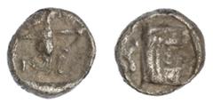 Ancient Coins Phoenicia. Sidon. Time of Baalshallim I-Ba'ana (Ca. 425-402 BC). Pair of AR 1/16 Shekel. 0.32 gms. City towers, animal below, rev. King of Persia drawing bow right, incuse goat head at r