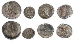 Ancient Coins Quartet of Sicilian AR Fractions. Ca. Fifth-Fourth Century BC. Akragas. Obol. Eagle/Crab; Leontini. Pentokion. Lion head/Five pellets, grainy; Panormos. Litra. Nymph head left/Forepart o