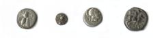 Ancient Coins Array of Ionian AR Fractions. Sixth-Fourth Century BC. Ephesos. Diobol. Bee/Confronted stag heads; Hemiobols (2) -Bee/Eagle head; Kolophon. Tetartemorion (2). Facing head of Apollo/Monog