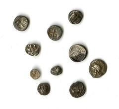 Ancient Coins Group of AR Fractions of Asia. Sixth-Fourth Century BC, Tetartemorion, 1/48 Stater, Obols. Issues of Aeolis, Elaia; Ionia, Phokaia (6), Caria, Mylasa, and Uncertain. Very Fine. (10) ($20