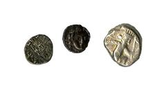 Ancient Coins A mÈlange of AR Fractions of Asia. Fifth-Fourth Century BC: Ionia, Teos. Griffin left/Quadripartite; Cilicia. Obols (4). Male head right/Shield; Male head left/Eagle (?), Athena head/ Fa