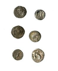 Ancient Coins Lot of Fourth Century BC Phoenician AR Fractions. Includes Arados. Obols (2). Sea deity head/Galley; Byblos. 1/8 Shekel (2). Galley with hoplites/Lion bring down bull; Sidon. 1/8 Shekel.