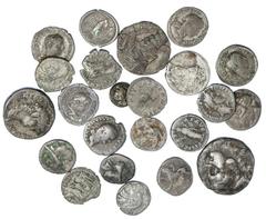 Ancient Coins Mixed Lot of Ancient Greek and Roman Imperial Silver. Greek -- Parthian and Alexander the Great Tetradrachm (hornsilver) and Drachm; Chalkis Drachm (3), Sikyon Triobol (2), Kings of Bosp