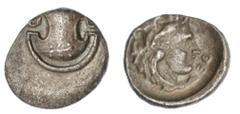 Ancient Greek Coinage Boeotia. Thebes. AR Obol, ca. 363-348 BC. Magistrate: Theot(i). 0.70 gms. Boeotian shield, rev. Youthful head of Herakles right clad in lion's skin, ϴE downwards. BCD Boiotia 548