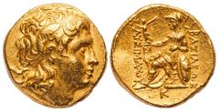 Ancient Coins Kings of Thrace. Lysimachos (305-281 BC). AV Stater. Pella. 8.51 gms. Diademed head of the deified Alexander the Great right wearing horn of Ammon, rev. Athena Nikephoros seated left, ho
