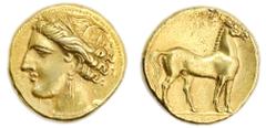 Ancient Coins Carthage. Electrum Stater, ca. 290-270 BC. Carthage mint. 7.48 gm. Grain-wreathed head of Tanit left, wearing triple-pendant earring and necklace, rev.Horse standing right. Jenkins & Lew