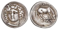 Ancient Coins Thessaly. Larissa. AR Drachm, ca. 356-342 BC. 5.95 gms. Head of the nymph Larissa wearing ampyx ¾ left, rev. ΛAPIΣ-AIΩN, horse standing right, preparing to lie down. Lorber Hoard Phase L
