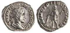 Ancient Coins Roman Imperial. Herennius Etruscus, as Caesar (249-251). AR Antoninianus. Rome, second officina, third-fourth emission of Trajan Decius. 4.8 gms. Radiate, draped bust right, rev. Herenni